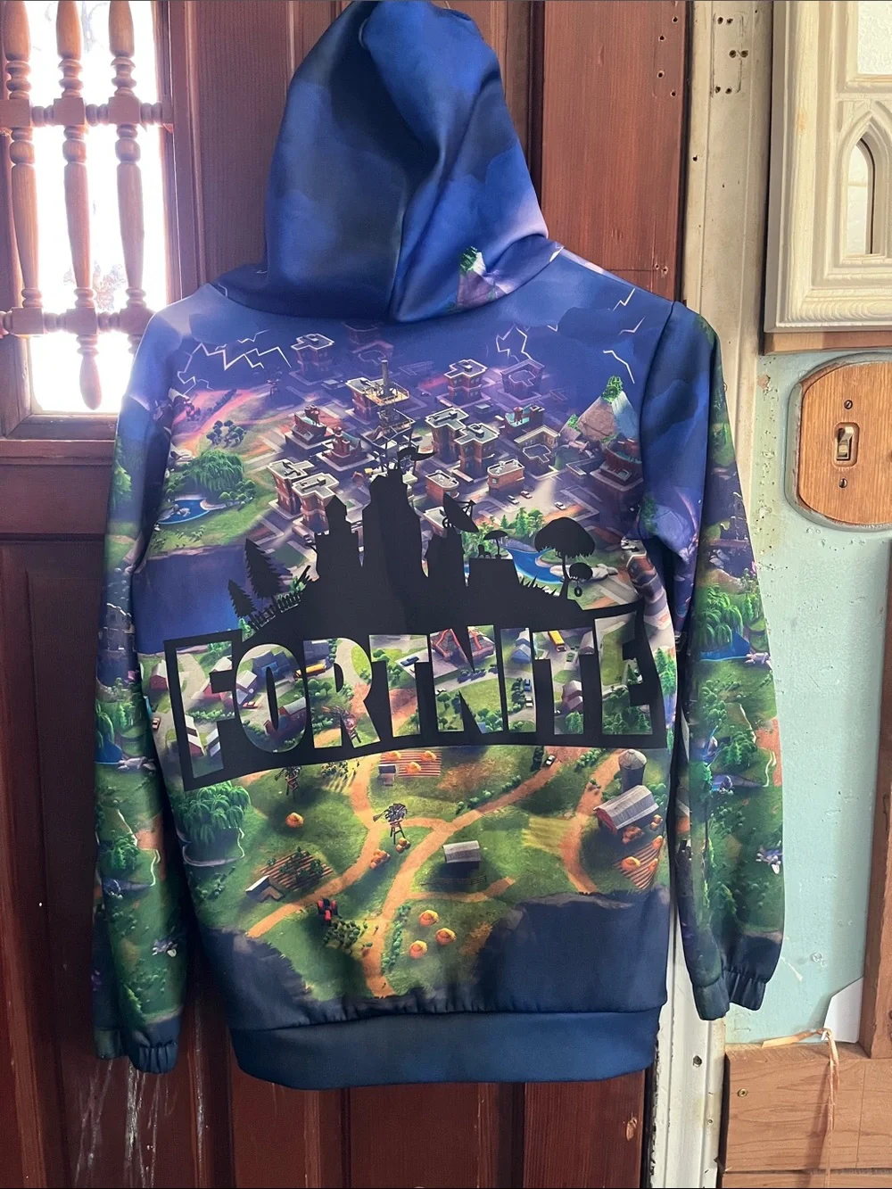 Fortnite Graphic Zip-Up Hoodie in Blue and Green